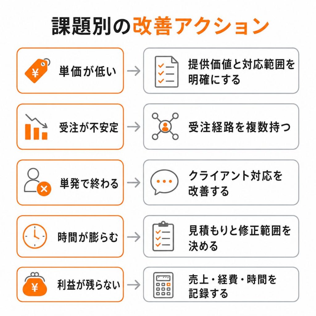 フリーランスWebデザイナーの収入課題と改善アクションの対応一覧