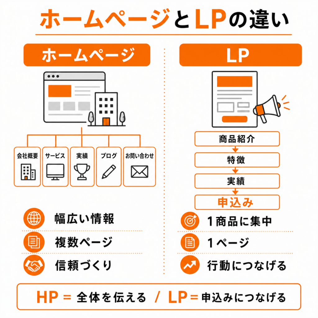 ホームページとランディングページの目的や構成の違いを比較した図