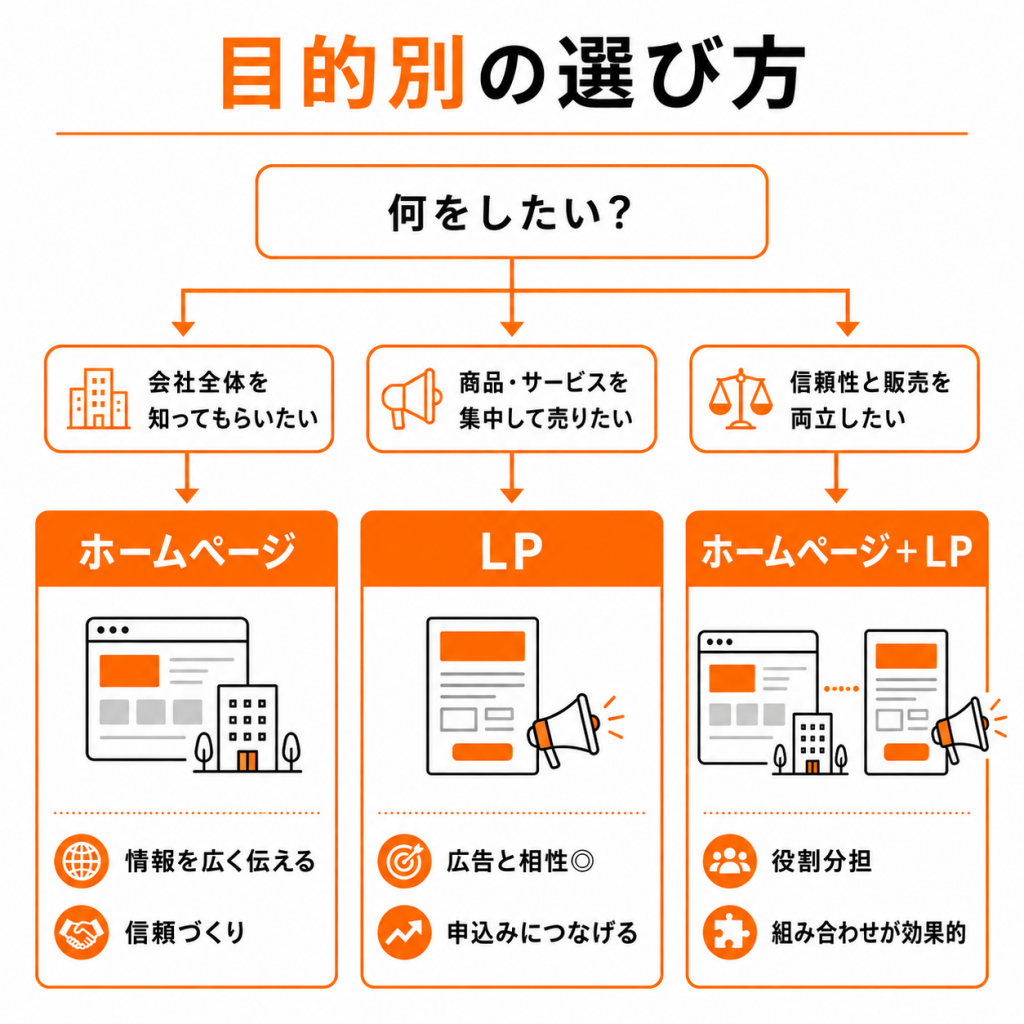事業の目的に応じてホームページとLPを選ぶ判断フロー