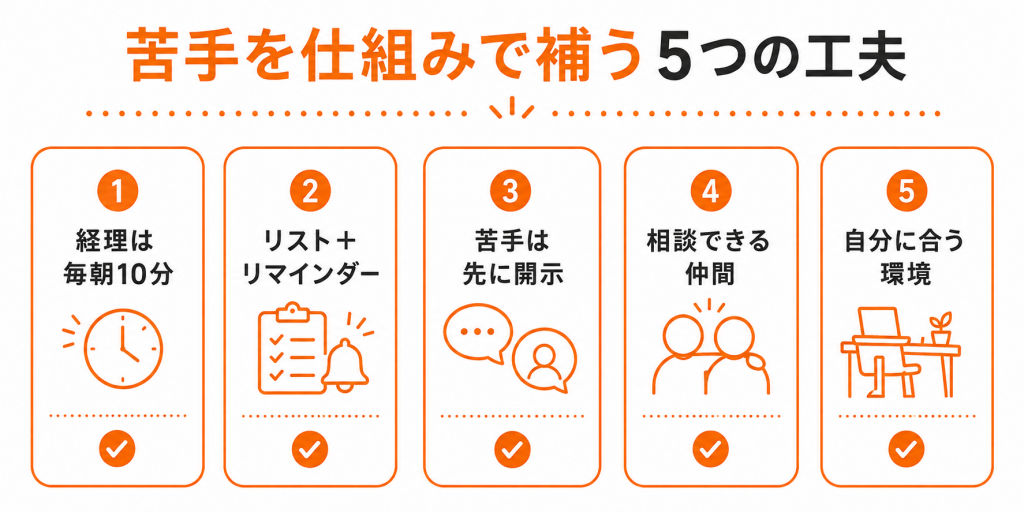 ADHDの苦手を仕事で補うための5つの工夫をまとめたチェック図