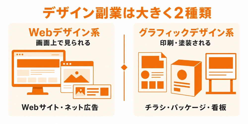 Webデザイン系は画面上で見られる制作物、グラフィックデザイン系は印刷・塗装される制作物を扱う違い