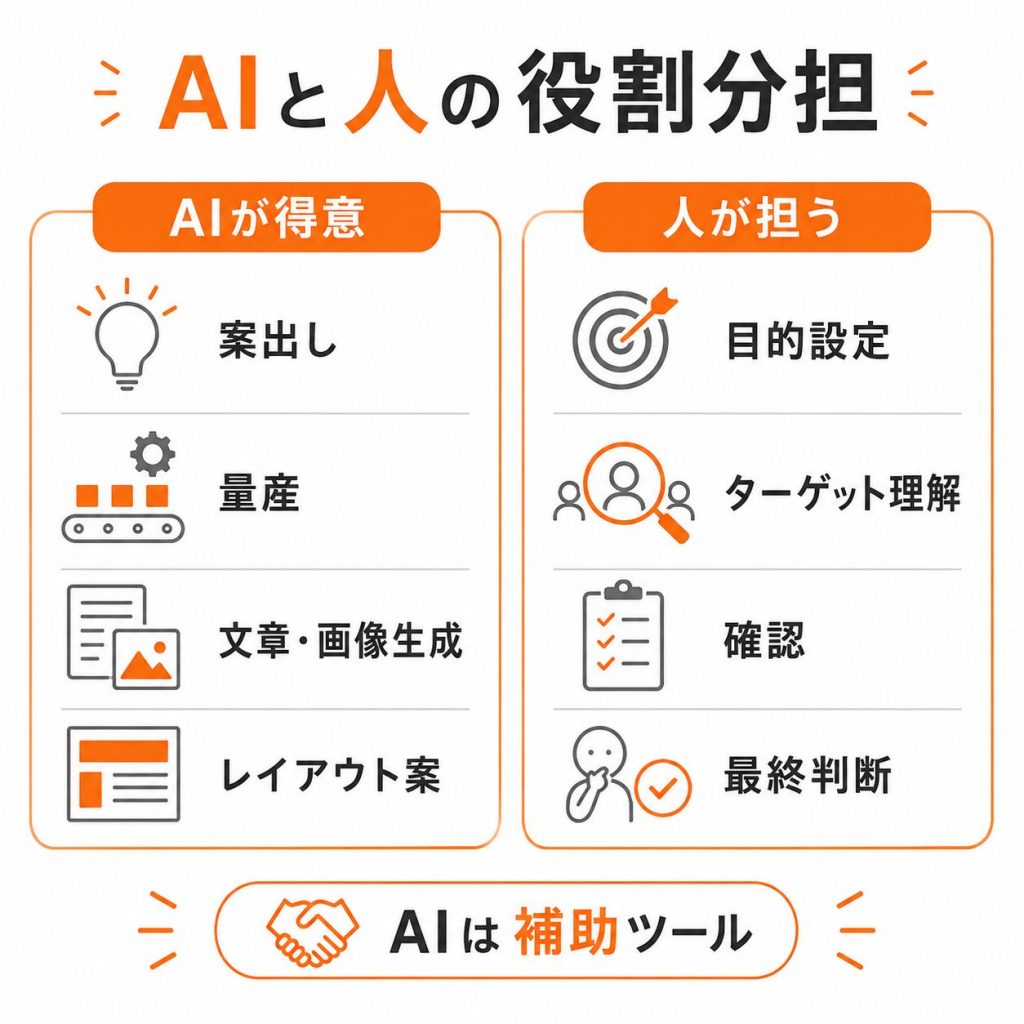 WebデザインにおけるAIが得意な作業と人が担う役割の比較図