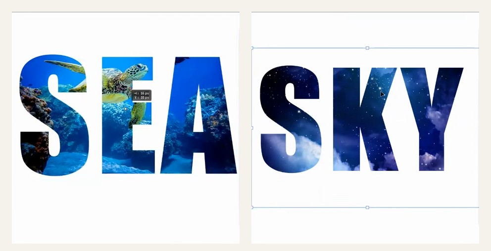 SEAとSKYの文字に、海と夜空の写真をクリッピングマスクではめ込んだ作例