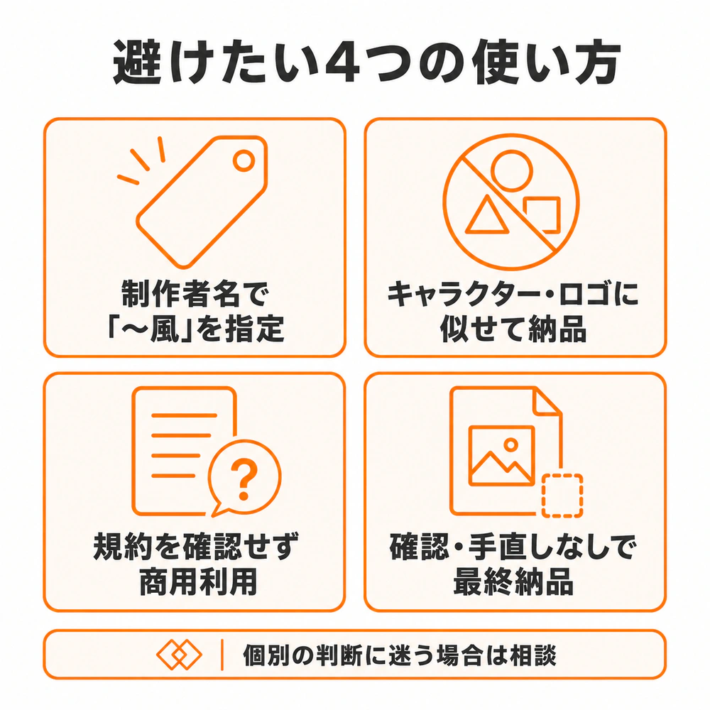 生成AI画像で避けたい4つの使い方。制作者名での作風指定、キャラクターやロゴに似せた納品、規約未確認での商用利用、確認や手直しなしの最終納品