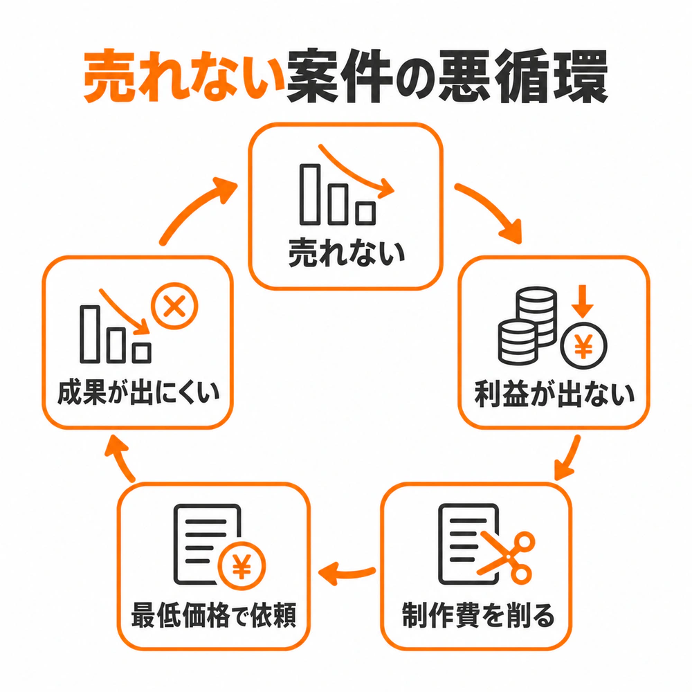売れない、利益が出ない、制作費を削る、最低価格で依頼する、成果が出にくくさらに売れなくなる悪循環