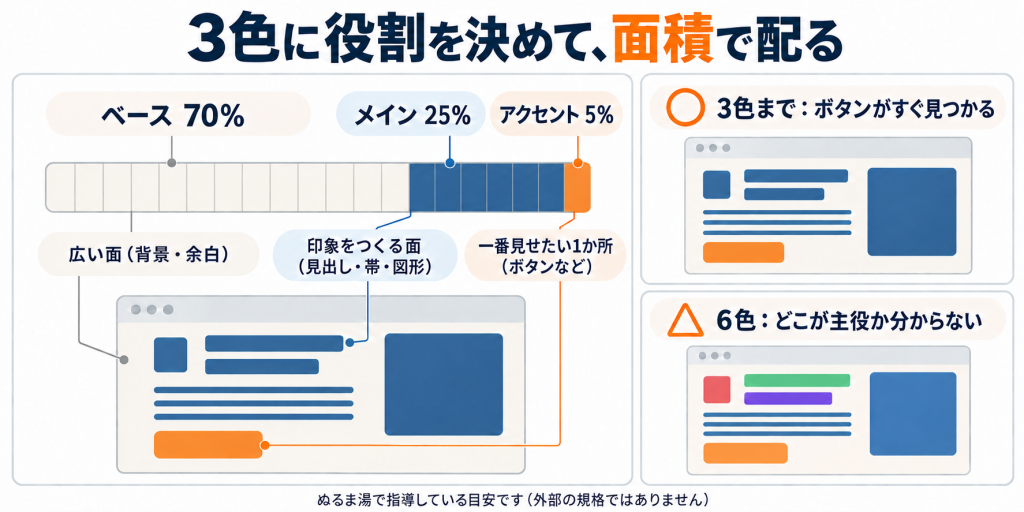 ベース70%・メイン25%・アクセント5%の面積比で3色に役割を割り当てた帯と画面例、および3色に絞った画面と6色を使った画面を比べ、色数が多いと見せたい場所が分からなくなることを示した図。