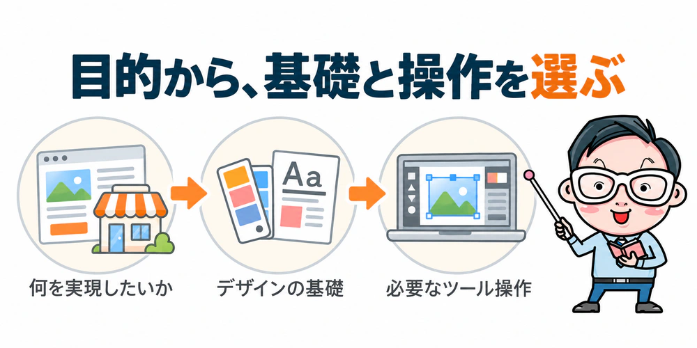 実現したい目的を決め、デザインの基礎と必要なツール操作を選ぶ順序を示す図