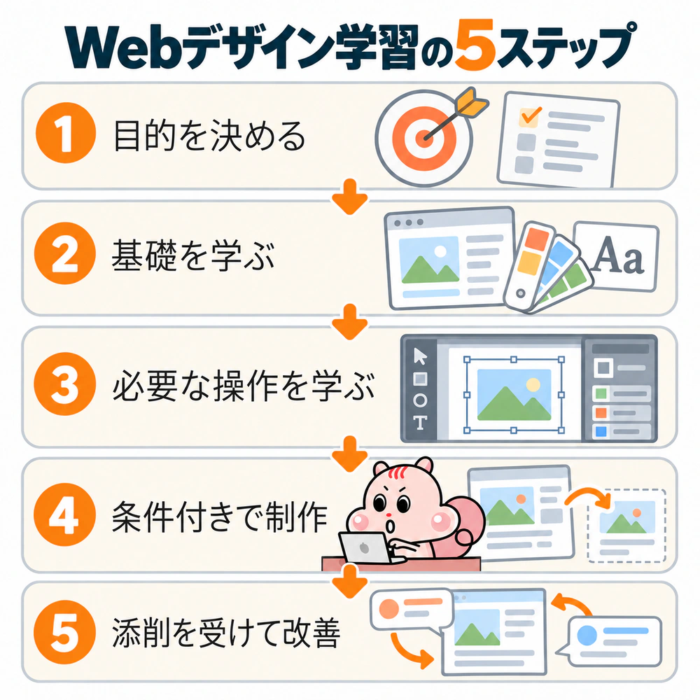 目的設定、デザイン基礎、必要な操作、条件付き制作、添削と改善の5ステップを示す図