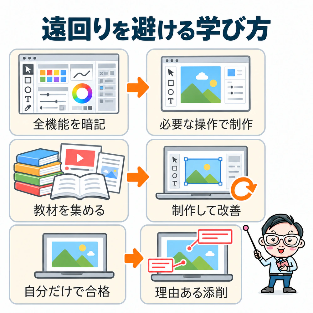全機能の暗記や教材集め、自己判断だけの合格から、制作と改善、理由ある添削へ切り替える比較図