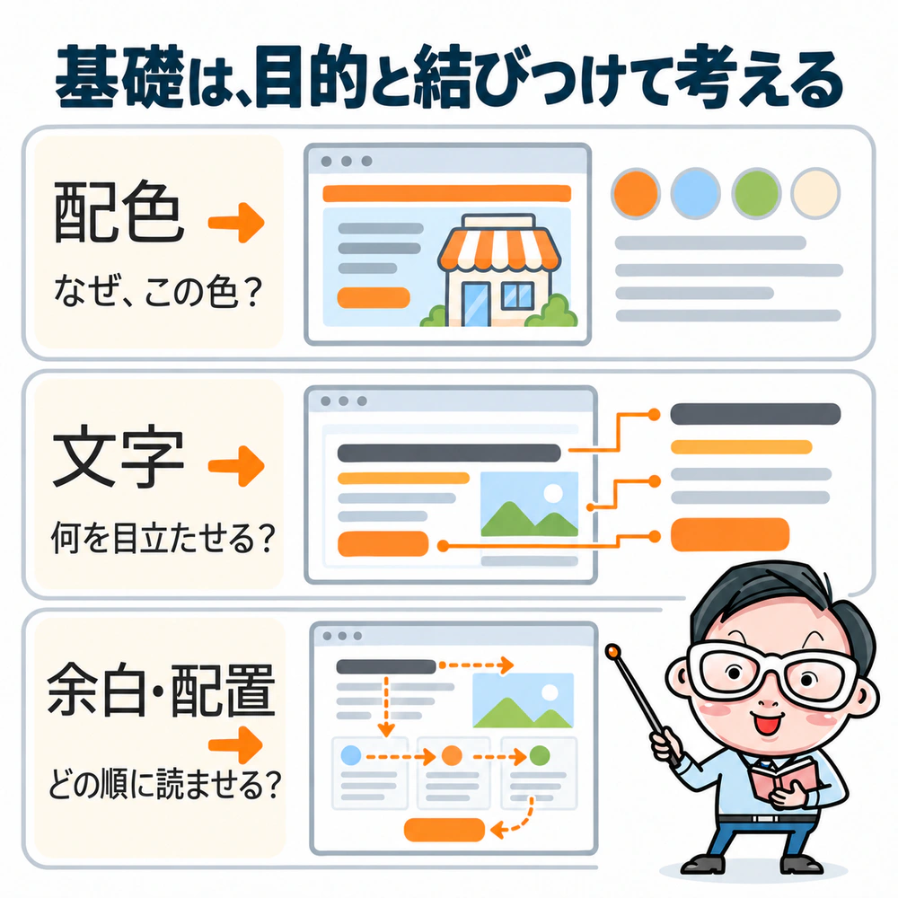 配色、文字、余白と配置を、色を選ぶ理由、情報の優先順位、読む順番に結びつけて考える図