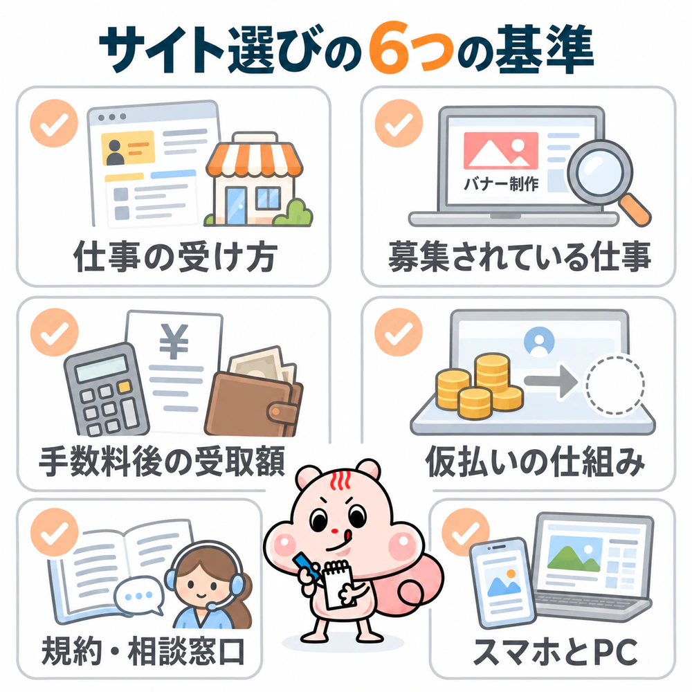 仕事の受け方、募集内容、手数料後の受取額、仮払い、規約と相談窓口、スマホとPCの6つの基準を、メモを取るメモりすと具体的な道具で示す。