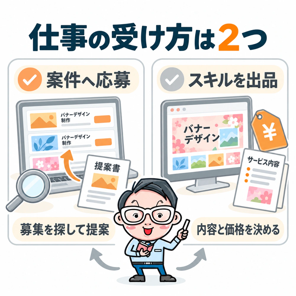 案件応募型は募集を探して提案し、スキル出品型は提供内容と価格を自分で決める違いを、募集画面とサービス出品画面で比較する。尾上さんが2つの選択肢を解説する。