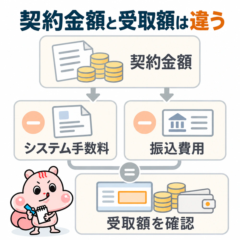 契約金額からシステム手数料や振込費用を差し引くことを、契約書、費用明細、受取確認画面で示す。具体的な金額や手数料率は示さない。