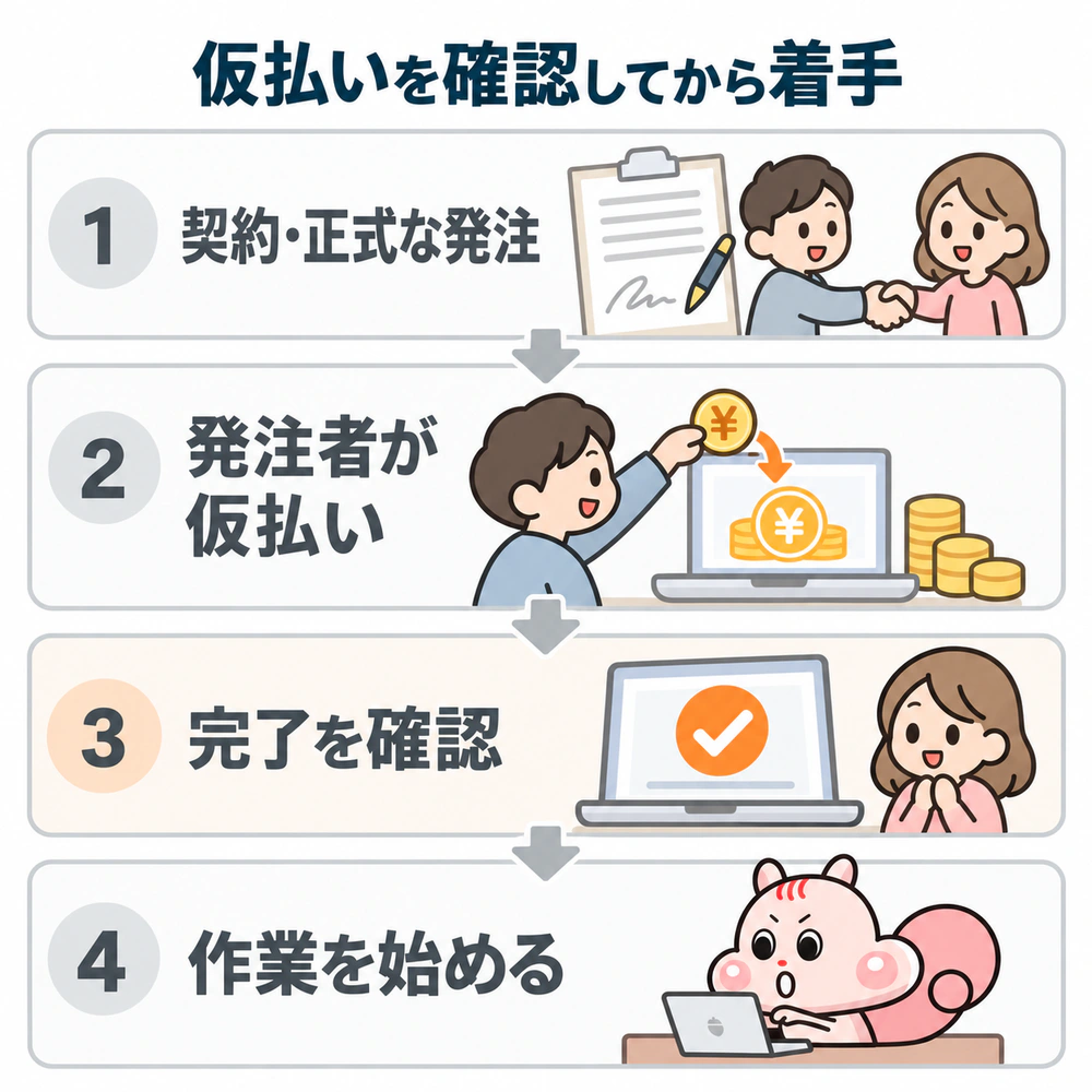 契約・正式な発注、発注者による仮払い、仮払い完了の確認、作業開始の順序を示す。PCに向かうメモりすは確認後に作業を始める段階を表す。