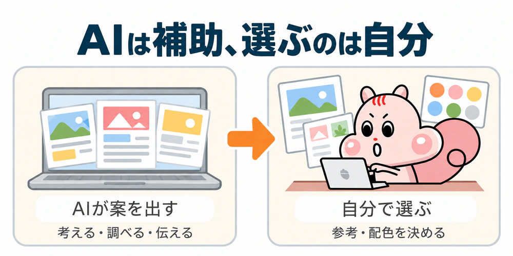 AIが考える・調べる・伝える作業を補助し、参考を選ぶことや色を決めることは自分が行う流れを示す図