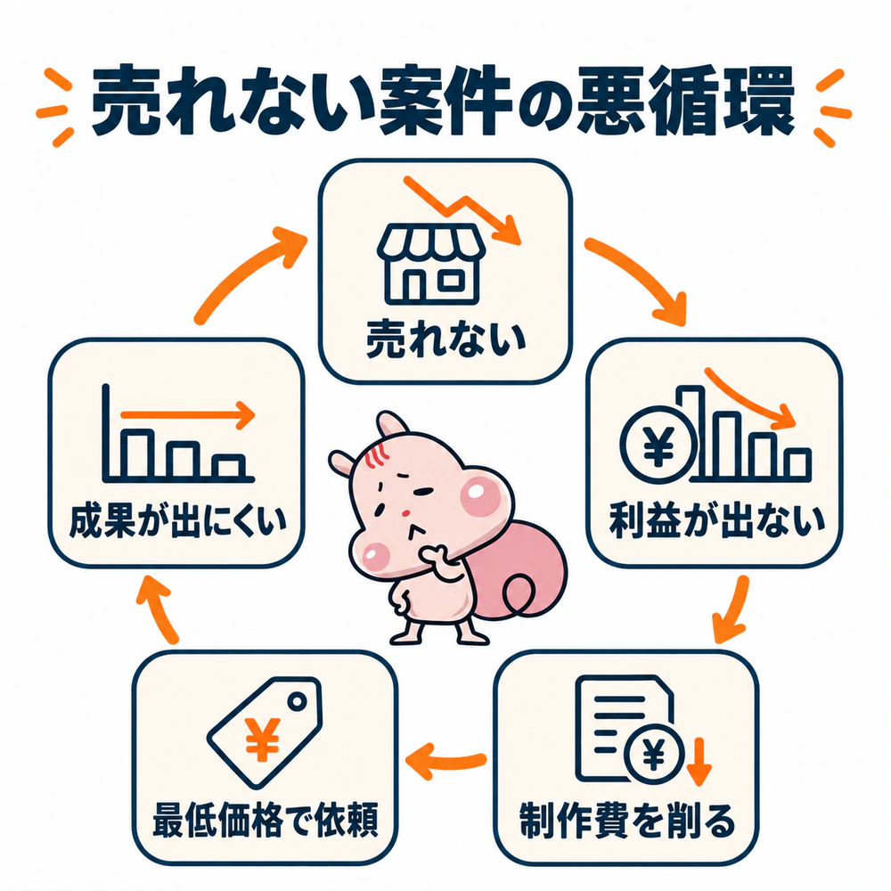 売れない、利益が出ない、制作費を削る、最低価格で依頼する、成果が出にくくさらに売れなくなる悪循環