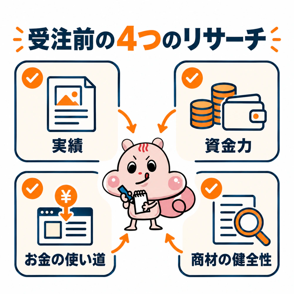 受注前に確認する実績、資金力、お金の使い道、商材の健全性の4項目