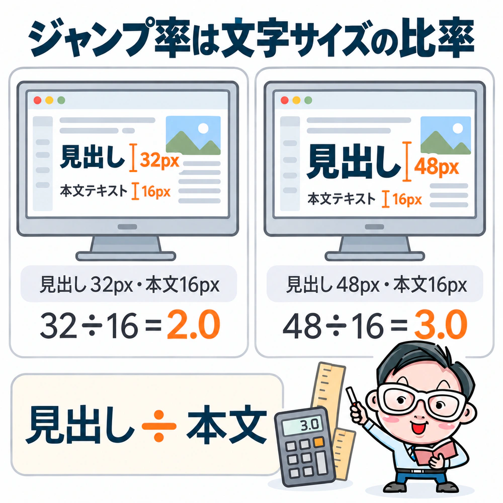 見出しと本文を例にしたジャンプ率の比較。本文16pxに対し、見出し32pxでは32÷16＝2.0、見出し48pxでは48÷16＝3.0になる。