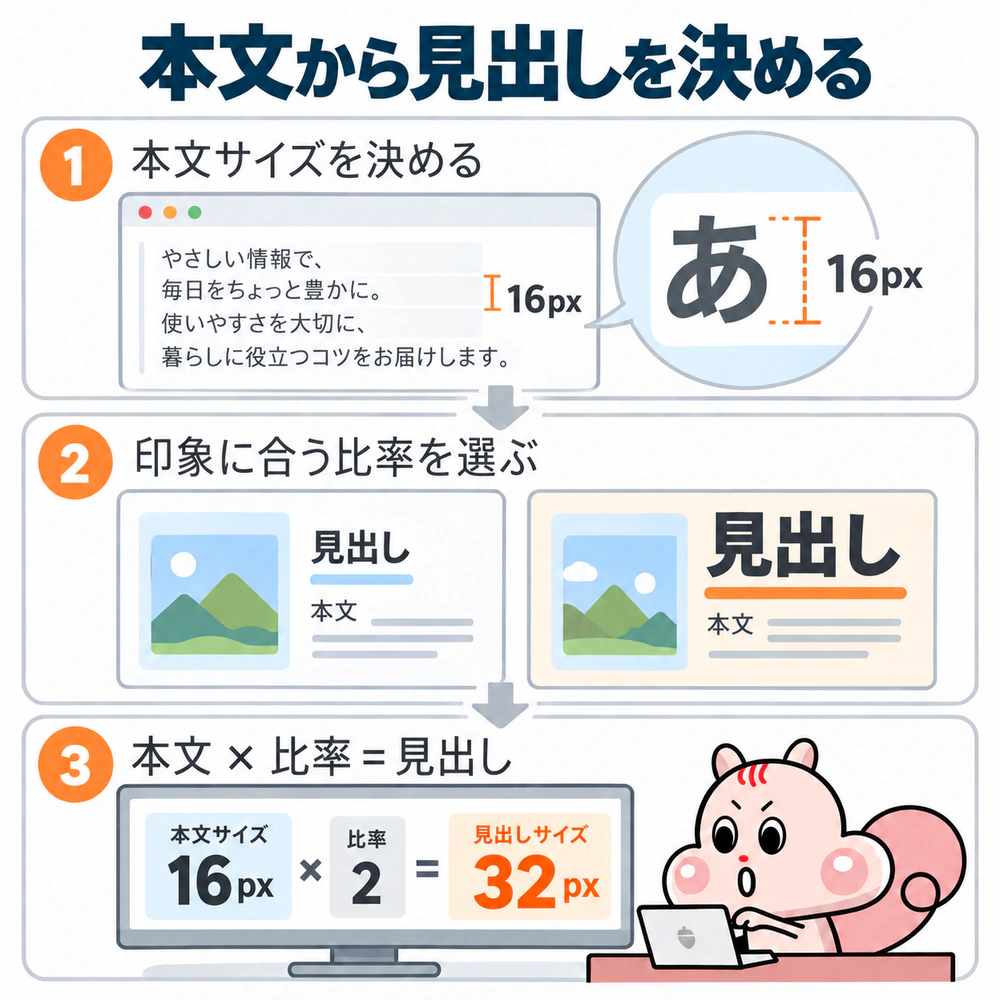 読みやすい本文サイズを決め、ターゲットに合う印象と比率を選び、本文サイズに比率を掛けて見出しサイズを決める3段階の手順。
