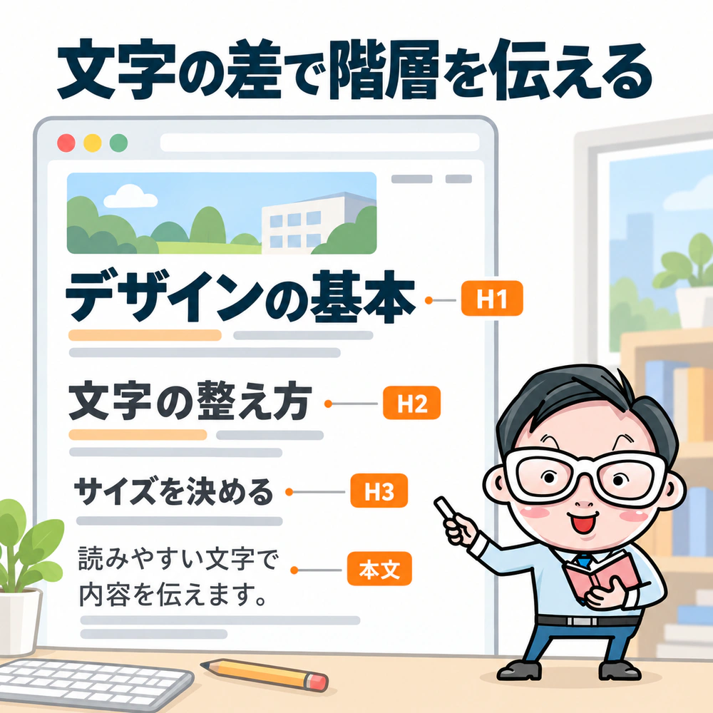 H1、H2、H3、本文を段階的な文字サイズで並べ、サイズの差が情報の重要度と見出し階層を伝えることを示す構造図。