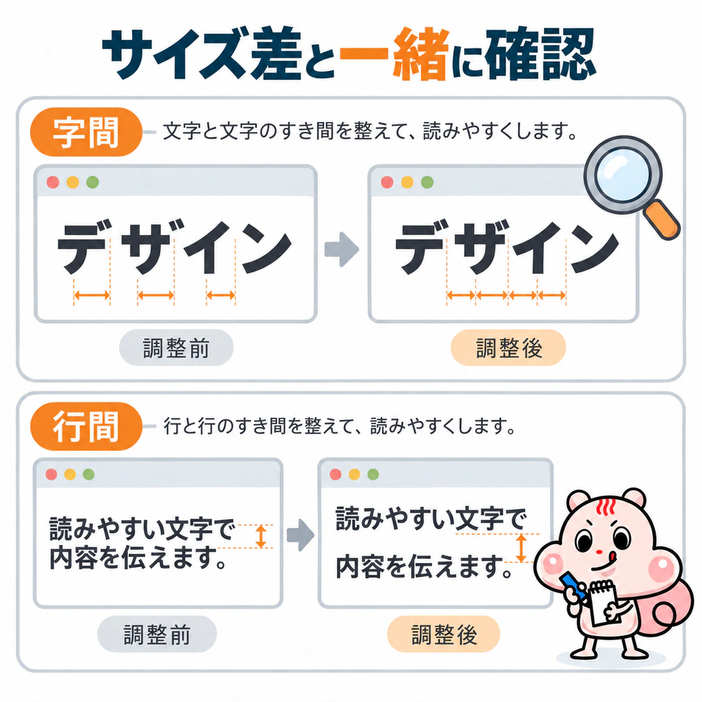 見出しと本文のサイズ差を付けた後に、文字と文字の間隔である字間と、行と行の間隔である行間を確認するためのチェックリスト。