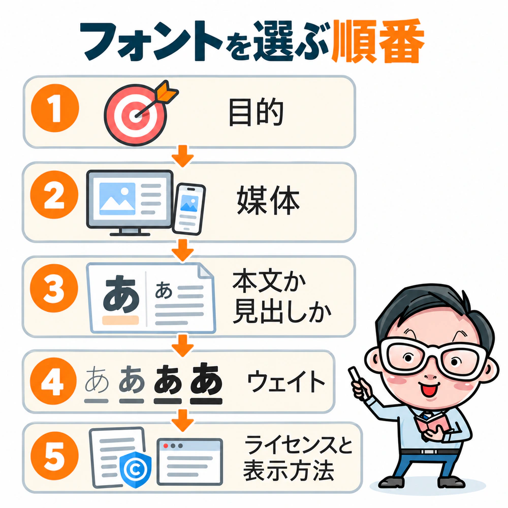 フォント選びを、目的、媒体、本文か見出しか、ウェイト、ライセンスと表示方法の順に進める5ステップの図。