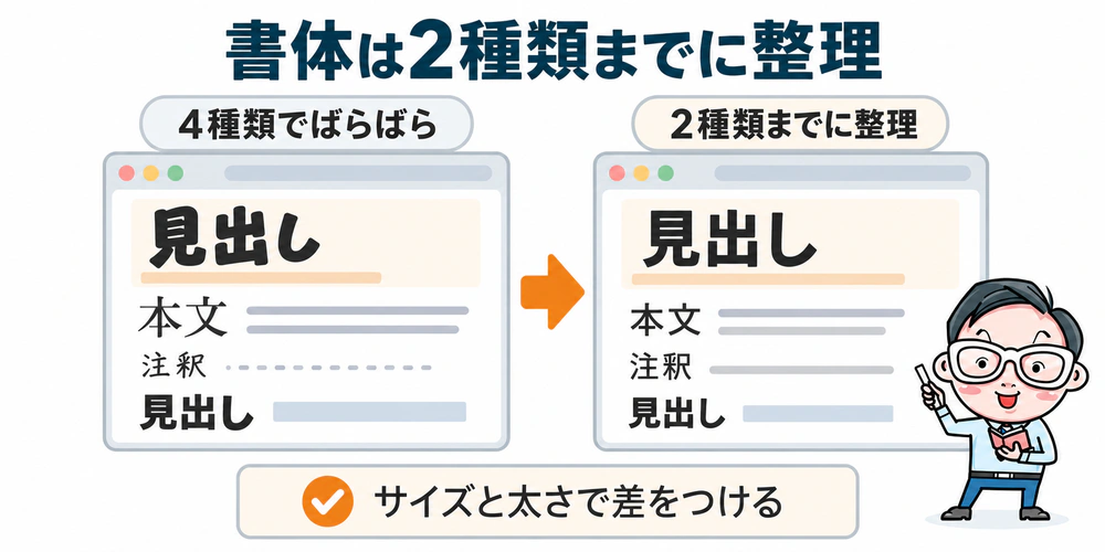 見出し・本文・注釈などに4種類の書体を使った状態から、2種類までに絞り、サイズと太さで差をつける改善例。