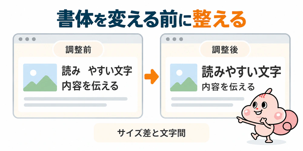 同じ書体と文章を使い、見出しと本文のサイズ差と文字間を整える前後を比較した図。