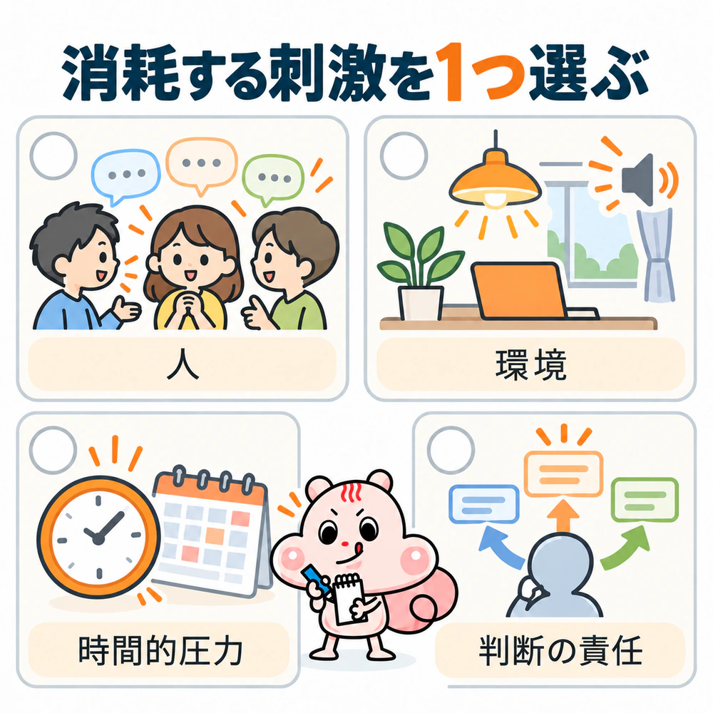 仕事で消耗する刺激を、人とのやりとり、音や光などの環境、締切などの時間的圧力、判断の責任の4つに分け、最も負担になるものを1つ選ぶ図。