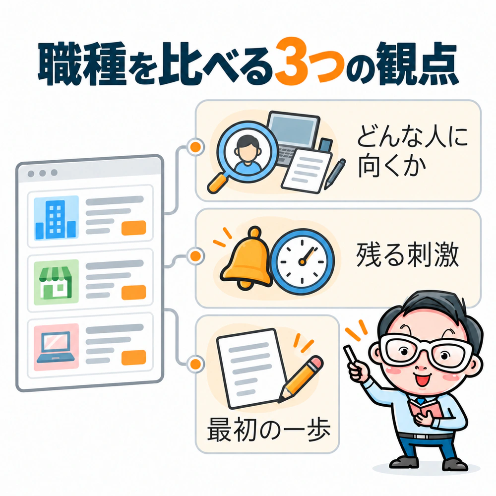 候補の職種を、どんな人に向くか、仕事に残る刺激、未経験からの最初の一歩という3つの観点で確認する構造図。