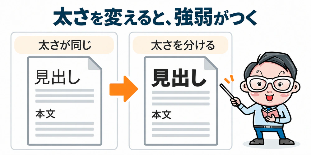 同じ書体で見出しと本文の太さをそろえた例と、見出しを太字にして強弱をつけた例の比較図。