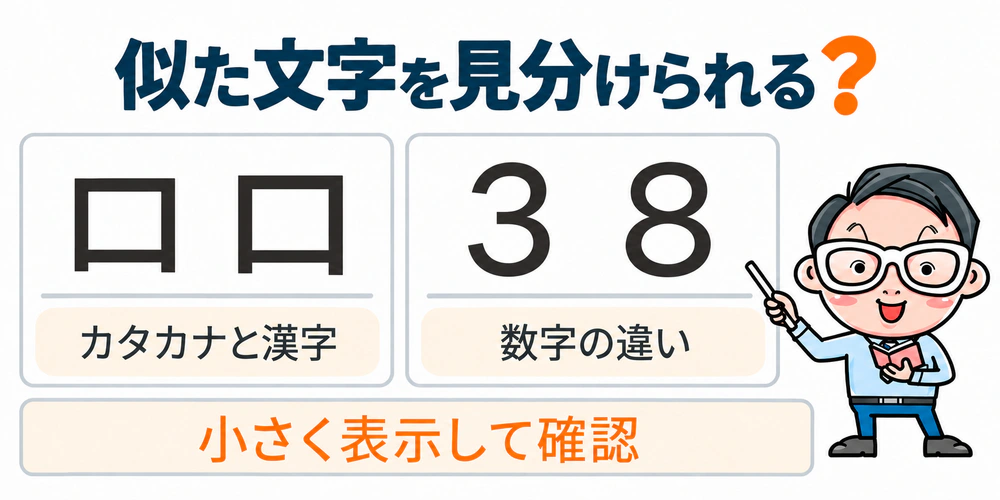 カタカナのロと漢字の口、数字の3と8を並べ、小さく表示したときにも字形を見分けられるか確認する図。