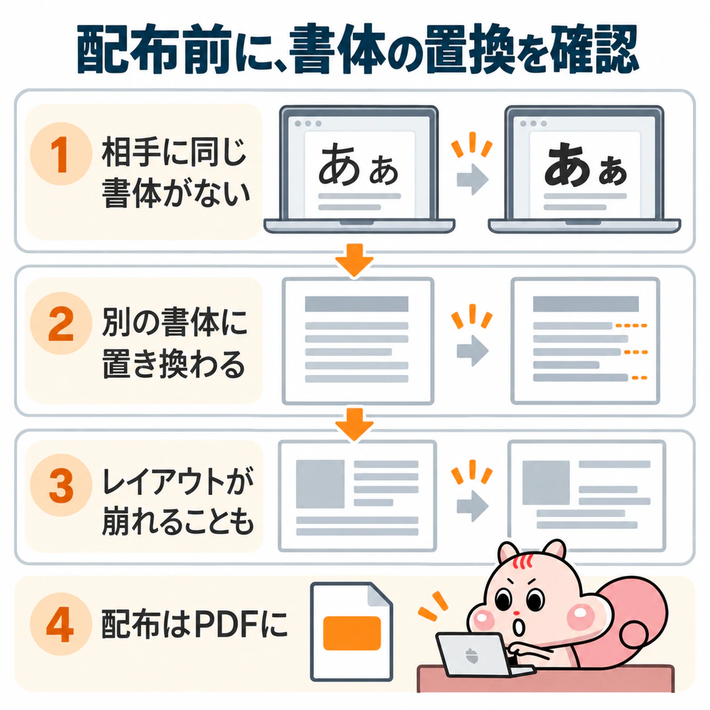 フォントを埋め込まずに渡したファイルが、相手の端末に同じ書体がないため別の書体へ置換され、レイアウトが崩れる流れとPDFで配布する対策。