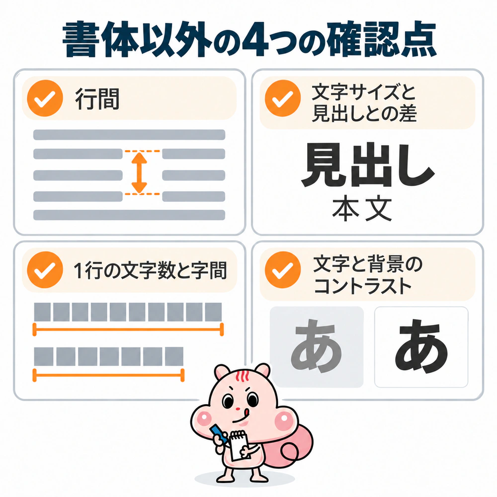 書体を変えても読みにくいときに、行間、本文の文字サイズと見出しとの差、1行の文字数と字間、文字と背景のコントラストを順に確認するチェックリスト。