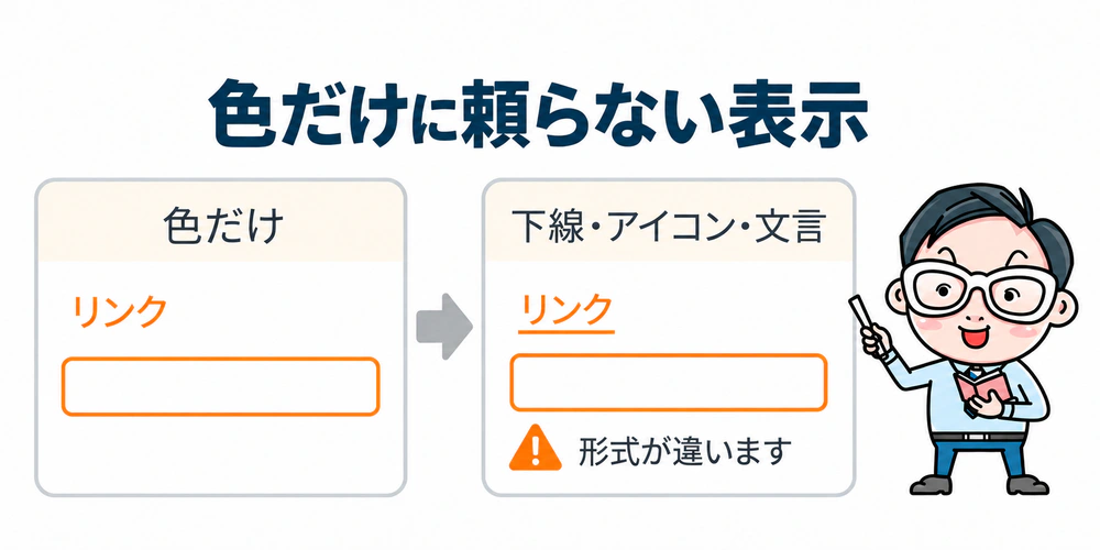 色だけで示したリンクと入力エラーに、下線、注意アイコン、エラー文言を加えた改善例。