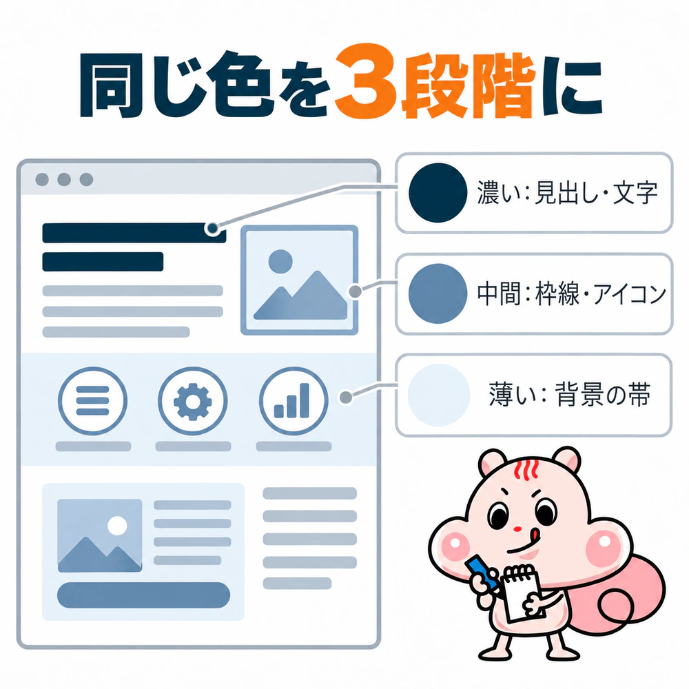 同じ色の濃い色を見出しや文字、中間色を枠線やアイコン、薄い色を背景の帯に割り当てる構造図。