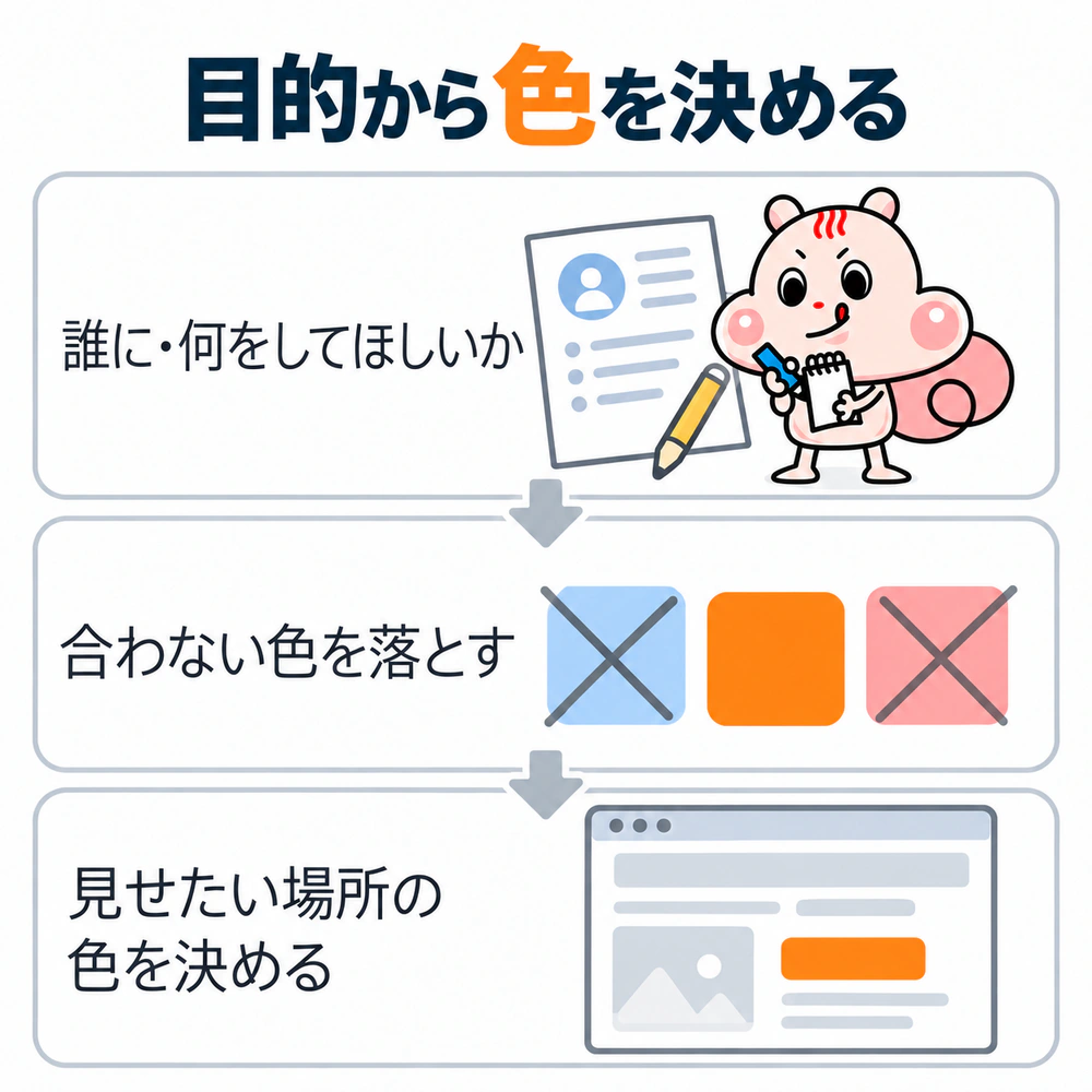 誰に何をしてほしいかを1行で書き、目的に合わない候補色を落とし、一番見せたい場所に使う色を決める3段階のフロー。