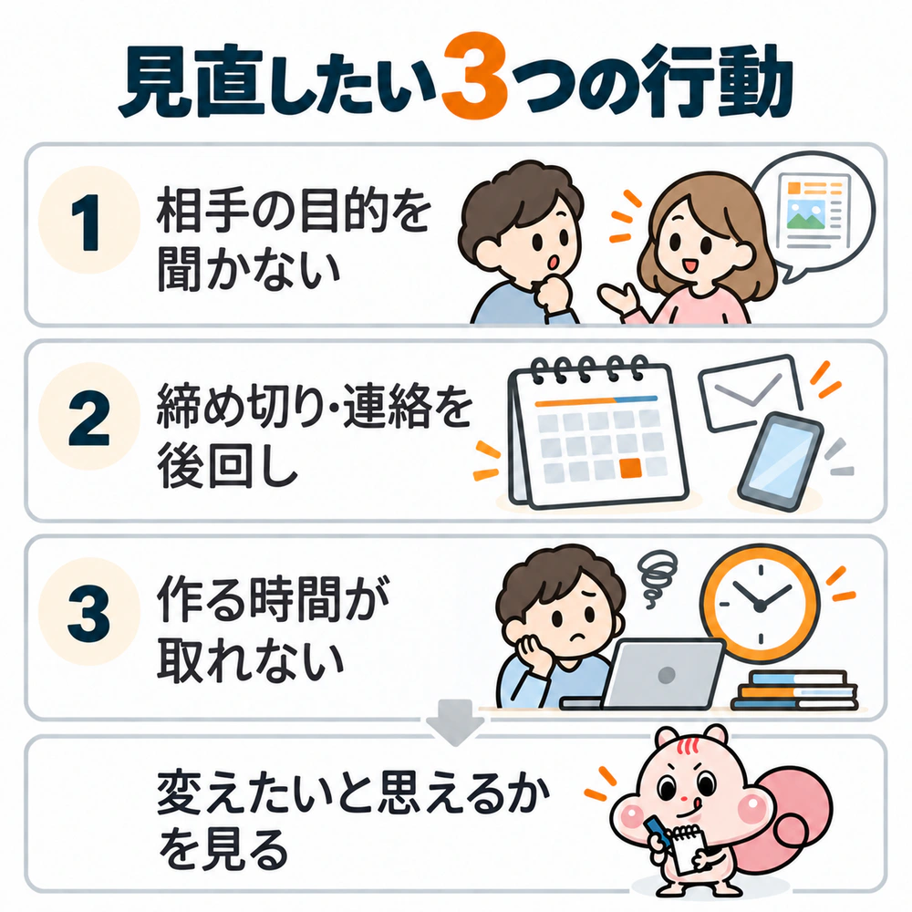 相手の目的を聞かない、締め切りや連絡を後回しにする、作る時間が取れないという3つの確認項目。今の状態だけで向いていないと決めず、変えたいと思えるかを考える。