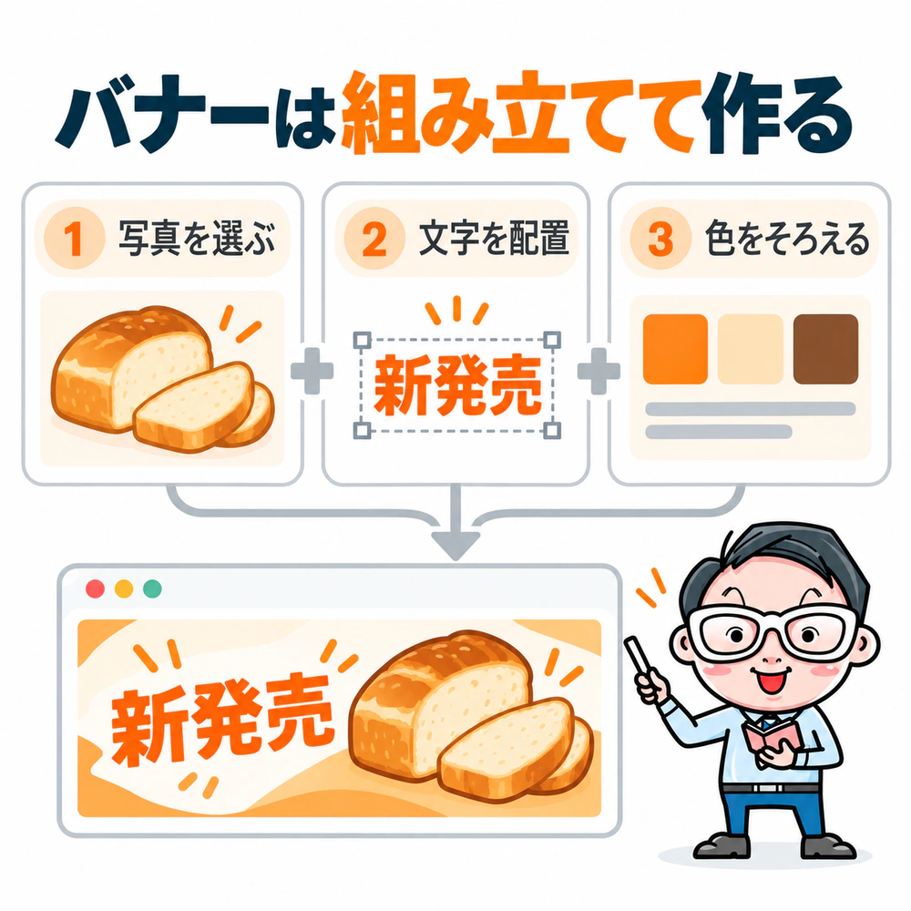 パン屋の新商品バナーを、商品写真を選ぶ、目立つ位置に新発売の文字を置く、お店の雰囲気に合う色にそろえるという3要素で組み立てる構造図。