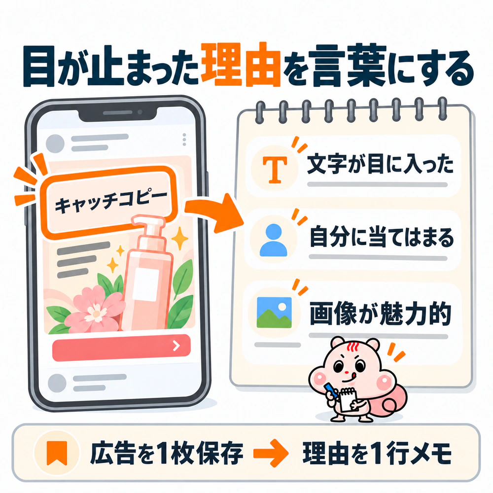 目に留まった広告を1枚保存し、文字・自分との関連・画像など、止まった理由を1行メモする流れ。