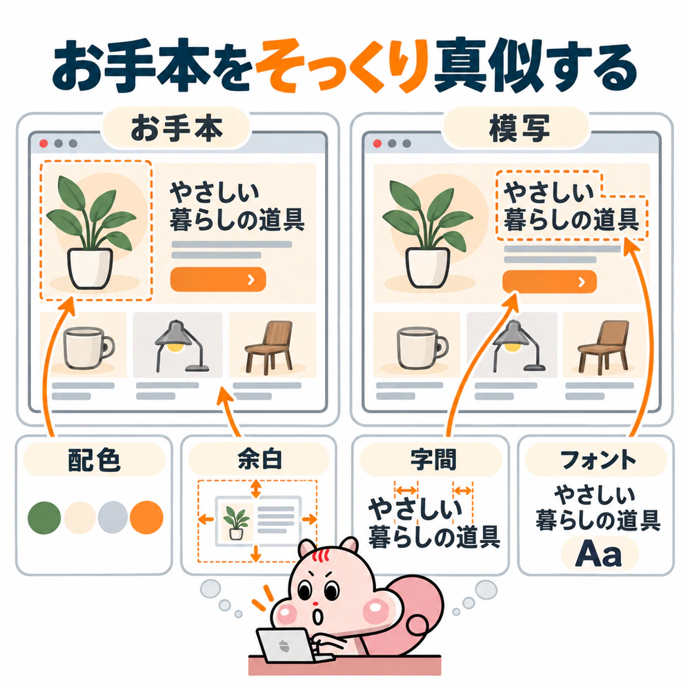 お手本と模写を見比べながら、配色・余白・字間・フォントを細かく確認する図。