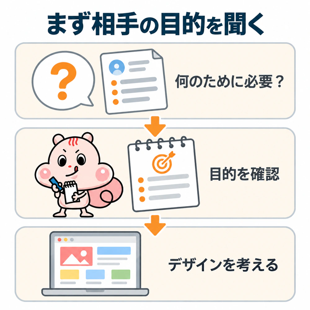 相手が何のために必要としているかを最初に聞き、目的を確認してからデザインを考える順序。