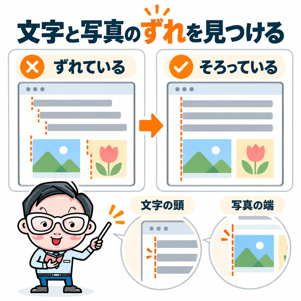 文字の頭と写真の端がずれた配置と、位置をそろえた配置を比較する仕上げ確認の図。