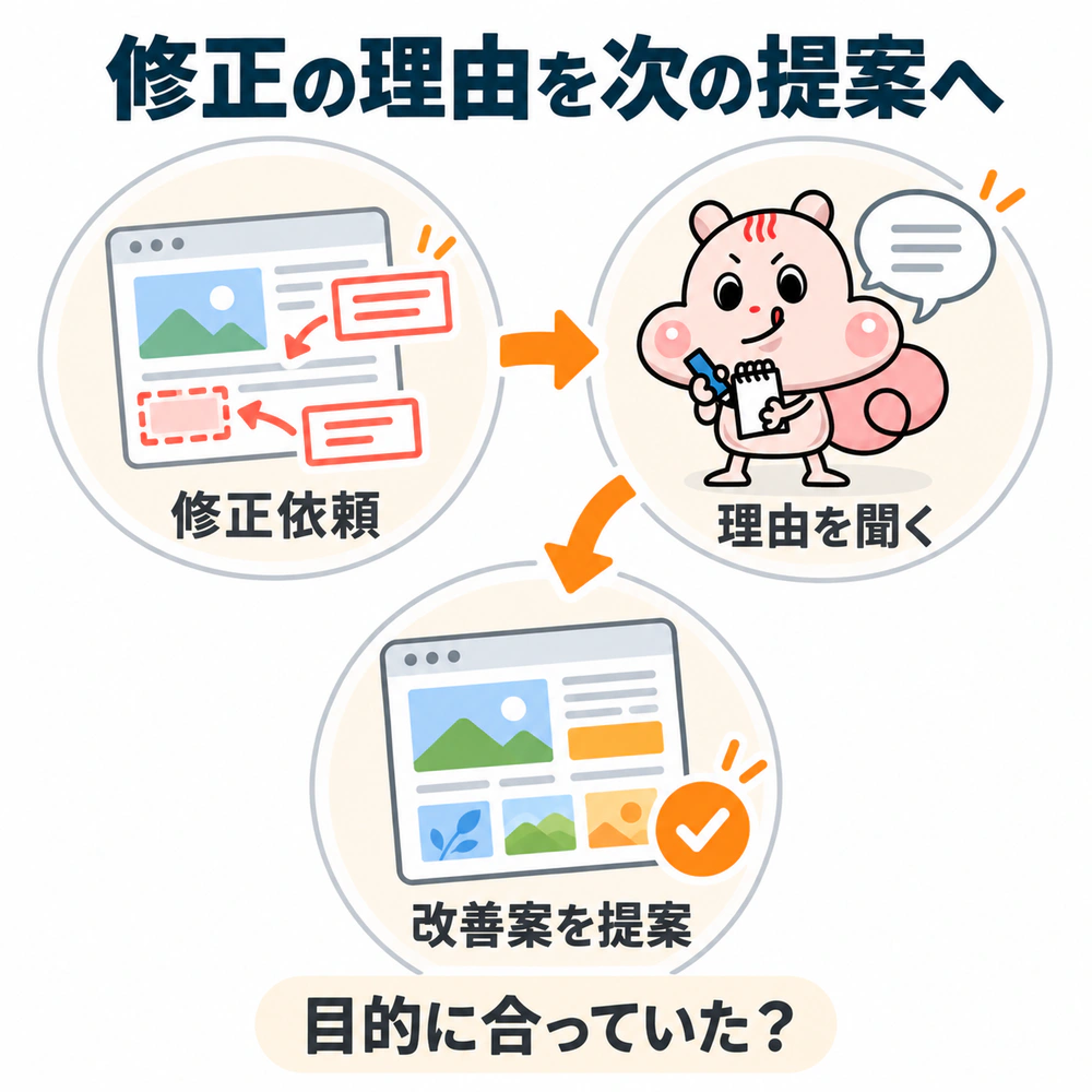 修正依頼を受けたら目的に合っていなかった点を聞き、理由を踏まえた改善案を提案する流れ。