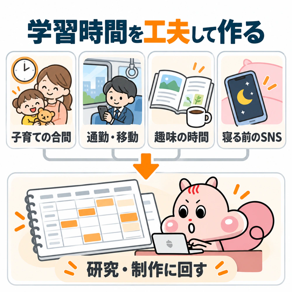 子育ての合間・通勤や移動・趣味・寝る前のSNSなど、時間の使い方を見直し、研究や制作に回す図。
