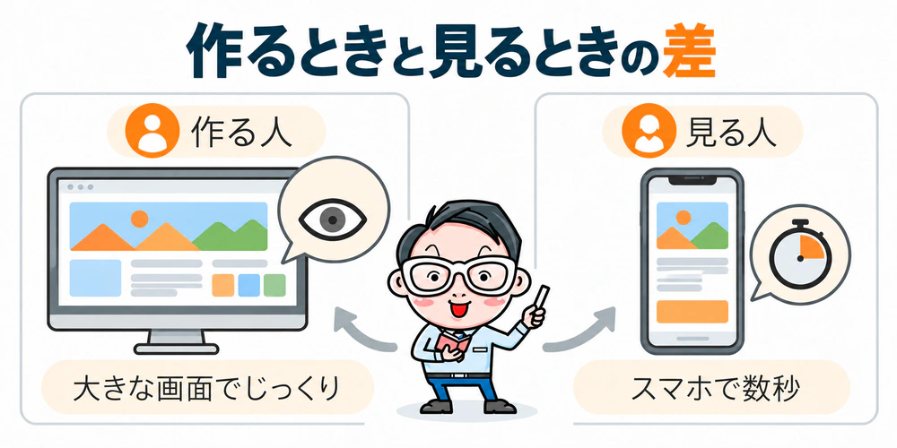 作る人はパソコンの大きな画面でじっくり見る一方、見る人はスマホの小さな画面を数秒だけ見るという条件の比較