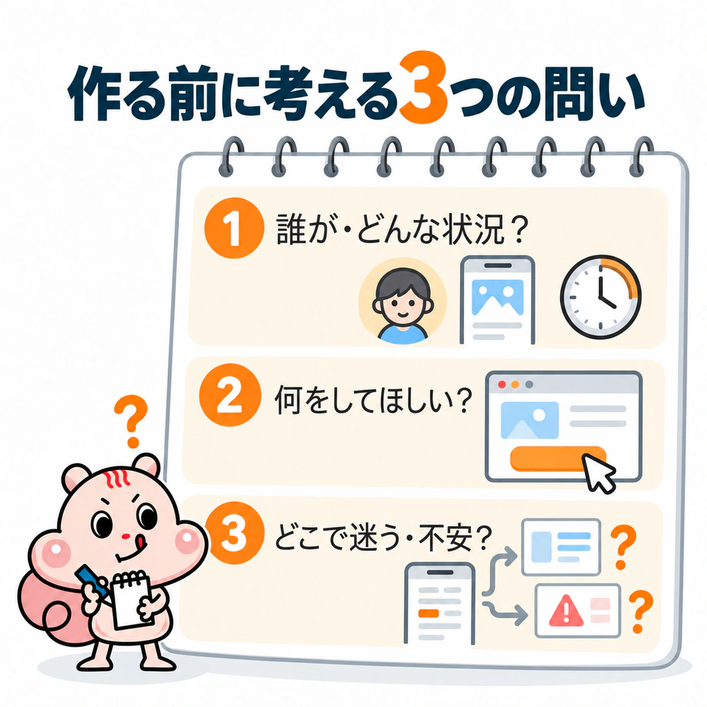 制作前に、誰がどんな状況で見るか、見た後に何をしてほしいか、どこで迷ったり不安になったりするかを確認する3項目