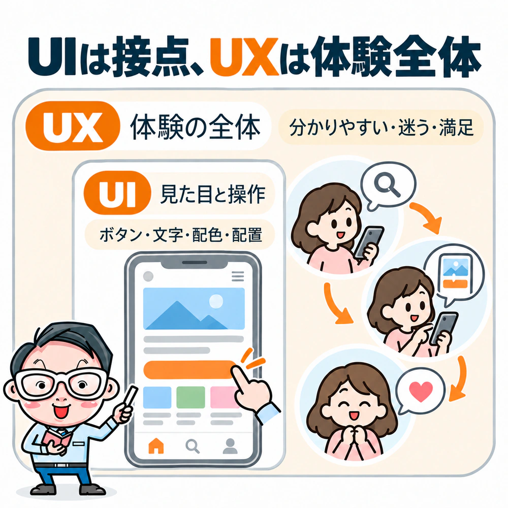 UIはボタンや文字などの見た目と操作の接点、UXは分かりやすさや満足まで含む体験全体で、UIはUXの一部であることを示す図