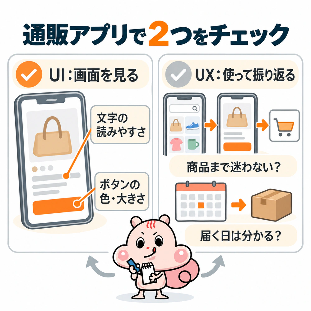 通販アプリのUIはボタンの色や大きさと文字の読みやすさ、UXは商品を探す途中の迷いや到着日の分かりやすさで確認する図