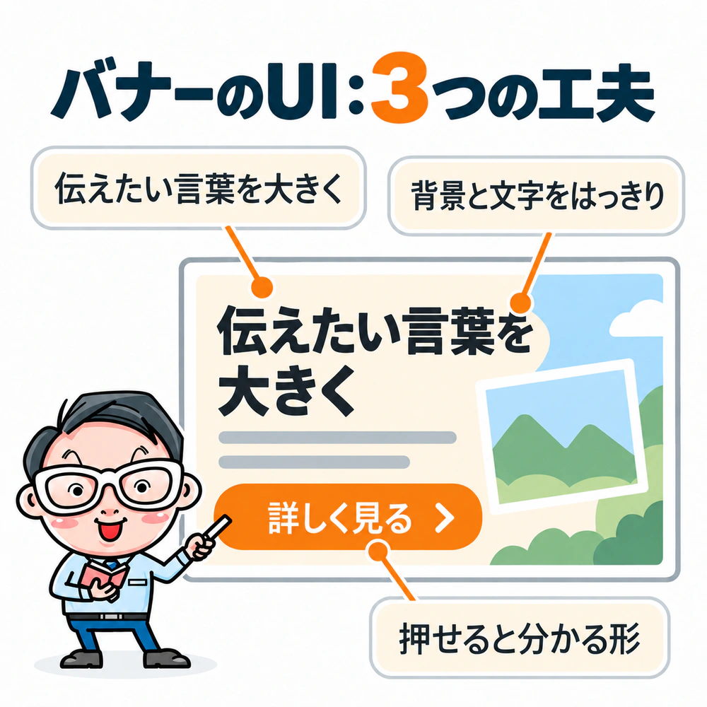 バナーのUIを整える3つの工夫として、伝えたい言葉の大きさ、背景と文字のコントラスト、押せると分かるボタンの形を示す図